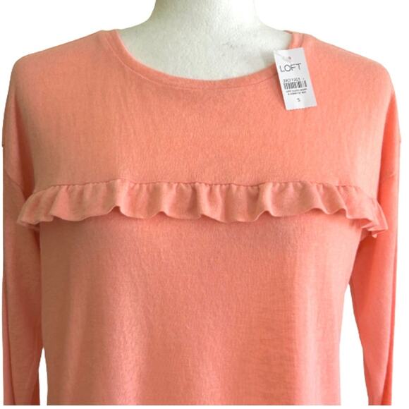 Loft Top Sweater Peach Coral Ruffled Long Sleeve Lightweight Cropped Small NEW - Picture 4 of 9
